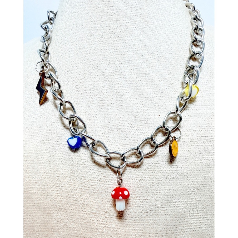 Y2K Chunky Silver Tone Charm Necklace Mushroom Hearts Smiley Lightning Bolt 15"